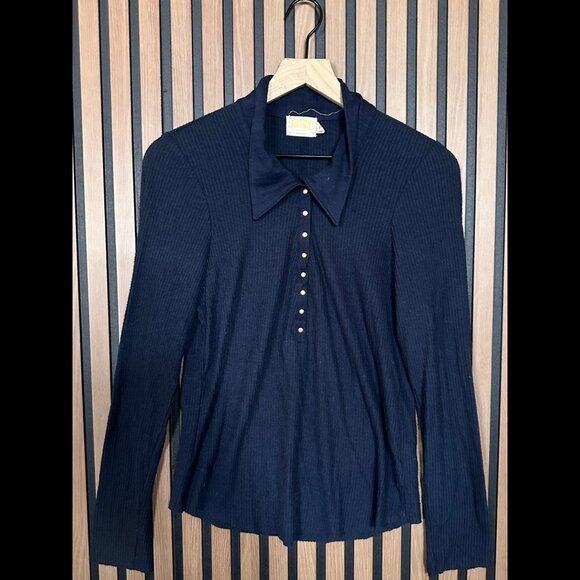 Nation LTD Polo Shirt Large Womens Blue Navy Long Sleeve Ribbed Modal Stretch - Picture 1 of 7
